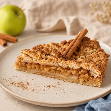 Gluténmentes Almás pite fahéjas almás töltelékkel, morzsás tetejű szeletként tálalva  